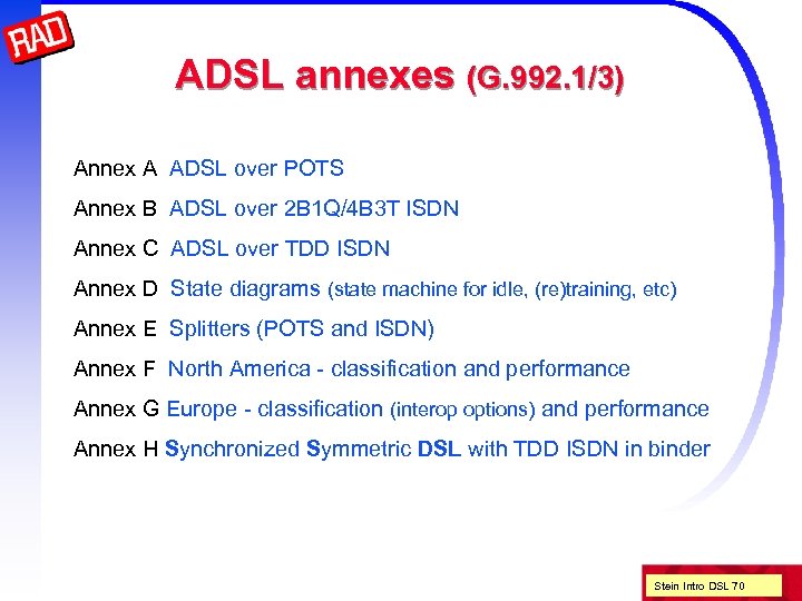 ADSL annexes (G. 992. 1/3) Annex A ADSL over POTS Annex B ADSL over
