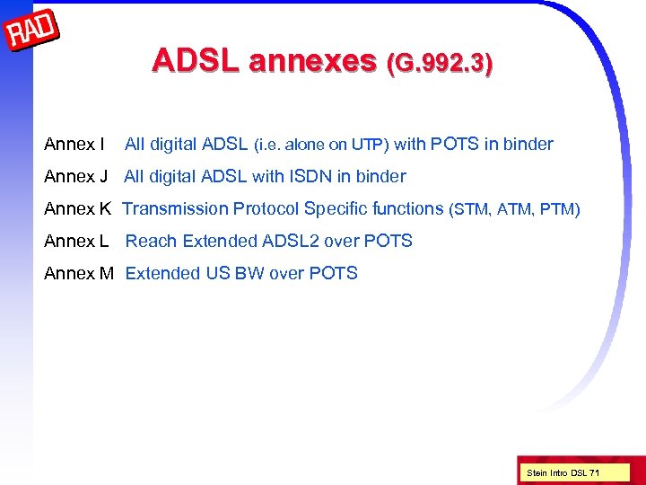 ADSL annexes (G. 992. 3) Annex I All digital ADSL (i. e. alone on