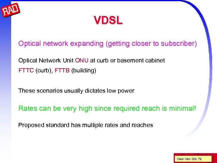 VDSL Optical network expanding (getting closer to subscriber) Optical Network Unit ONU at curb