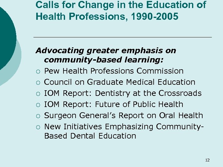 Calls for Change in the Education of Health Professions, 1990 -2005 Advocating greater emphasis