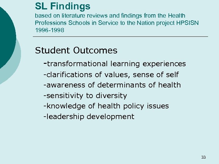 SL Findings based on literature reviews and findings from the Health Professions Schools in