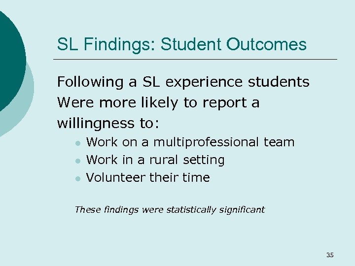 SL Findings: Student Outcomes Following a SL experience students Were more likely to report