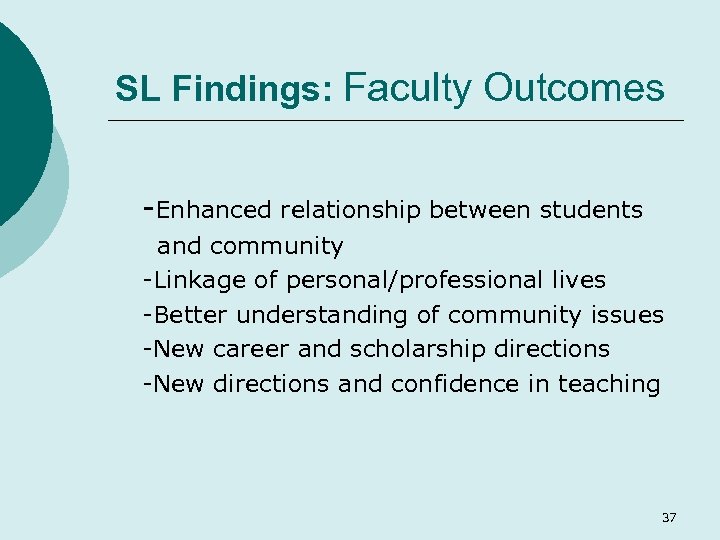 SL Findings: Faculty Outcomes -Enhanced relationship between students and community -Linkage of personal/professional lives