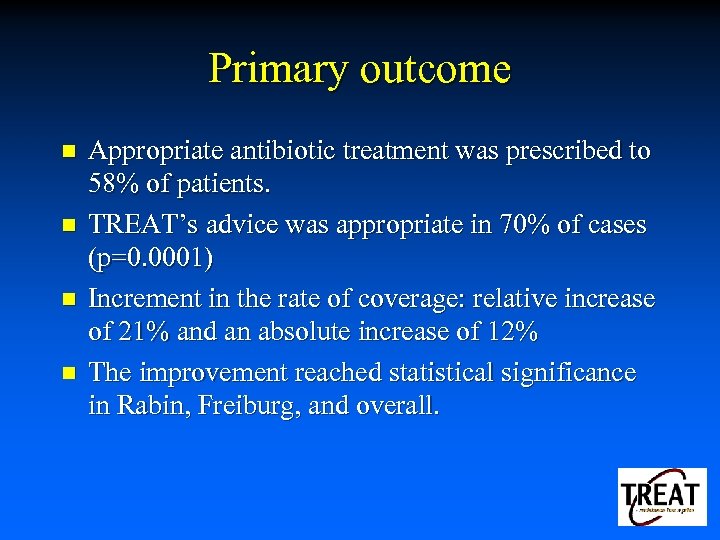 Primary outcome n n Appropriate antibiotic treatment was prescribed to 58% of patients. TREAT’s