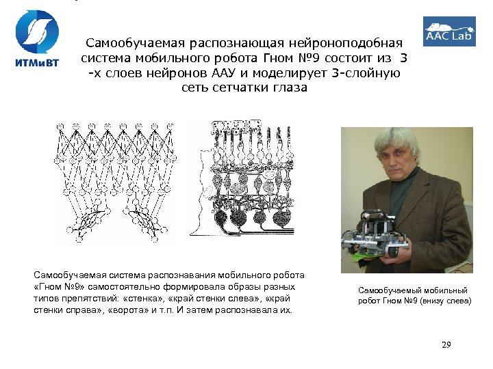 Самообучаемая распознающая нейроноподобная система мобильного робота Гном № 9 состоит из 3 -х слоев