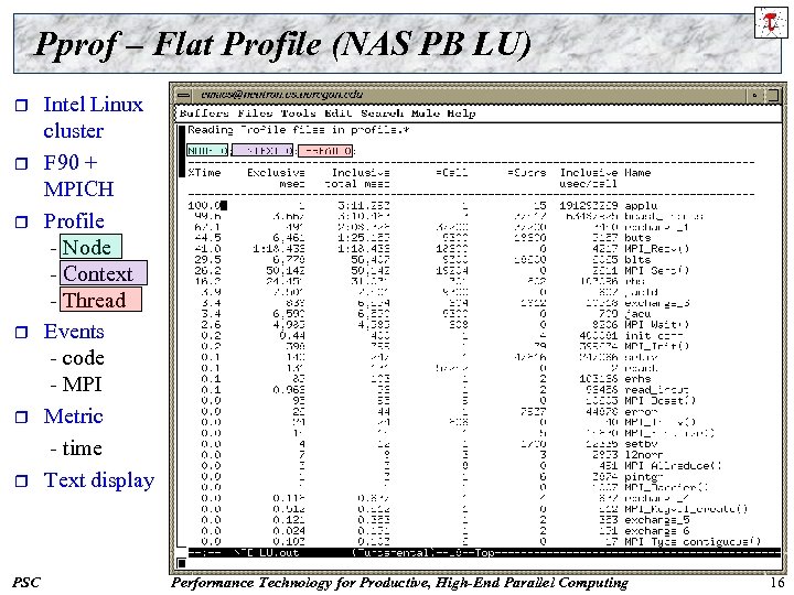 Pprof – Flat Profile (NAS PB LU) r r r PSC Intel Linux cluster