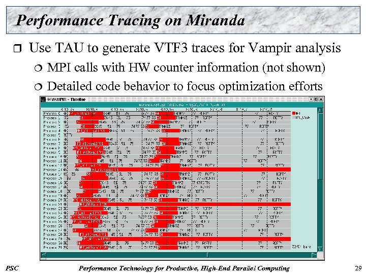 Performance Tracing on Miranda r Use TAU to generate VTF 3 traces for Vampir