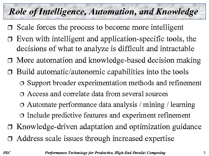 Role of Intelligence, Automation, and Knowledge r r Scale forces the process to become