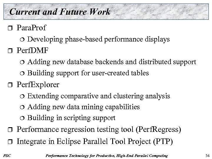 Current and Future Work r Para. Prof ¦ r Perf. DMF ¦ ¦ r