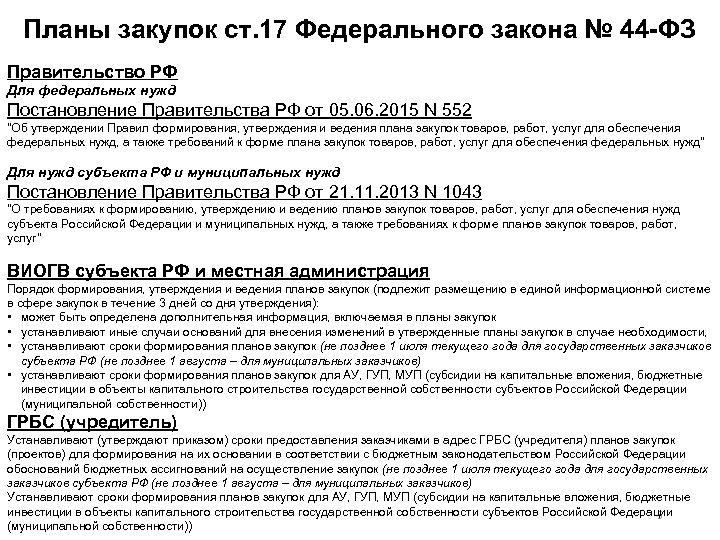 Планы закупок ст. 17 Федерального закона № 44 ФЗ Правительство РФ Для федеральных нужд