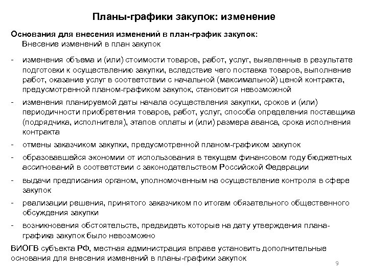 Планы графики закупок: изменение Основания для внесения изменений в план график закупок: Внесение изменений