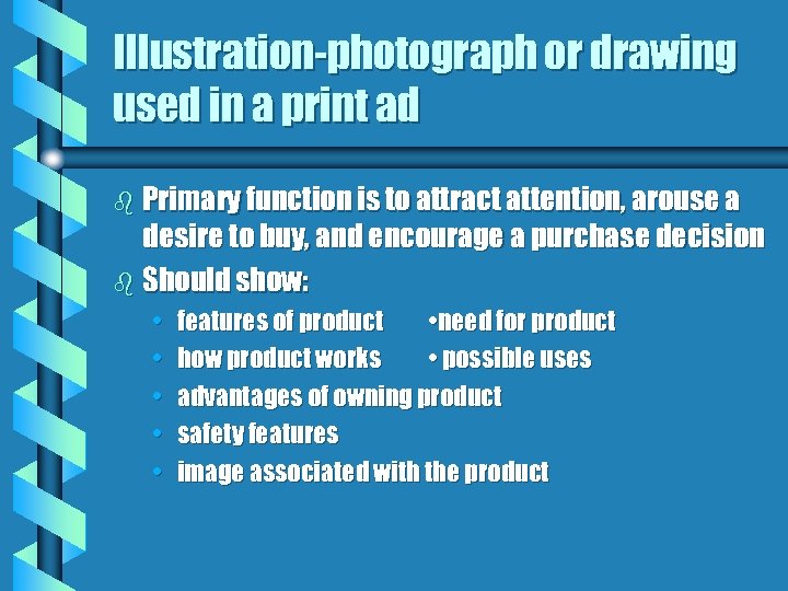 Illustration-photograph or drawing used in a print ad b Primary function is to attract