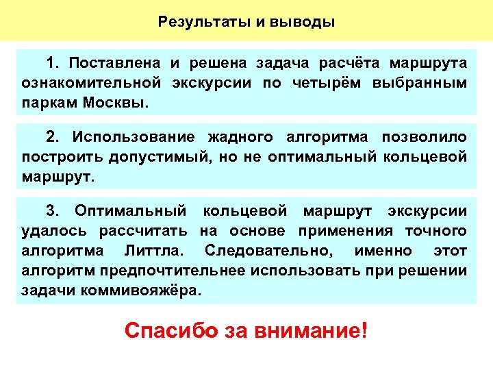 Результаты и выводы 1. Поставлена и решена задача расчёта маршрута ознакомительной экскурсии по четырём