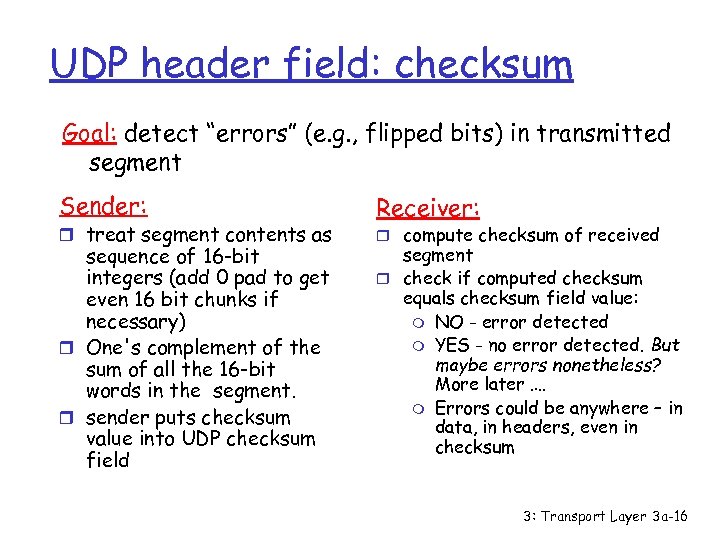 UDP header field: checksum Goal: detect “errors” (e. g. , flipped bits) in transmitted
