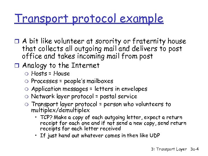 Transport protocol example r A bit like volunteer at sorority or fraternity house that