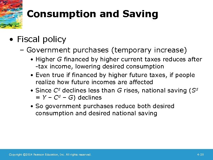 Consumption and Saving • Fiscal policy – Government purchases (temporary increase) • Higher G