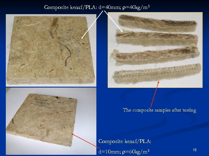 Composite kenaf/PLA: d=40 mm; r=40 kg/m 3 The composite samples after testing Composite kenaf/PLA: