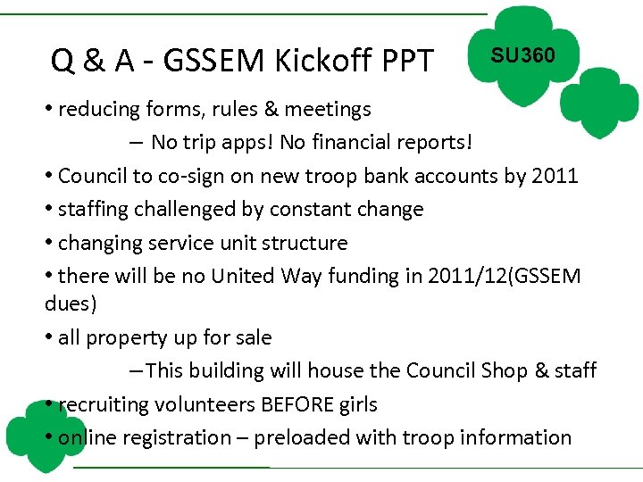 Q & A - GSSEM Kickoff PPT SU 360 • reducing forms, rules &