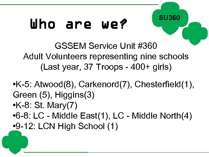 Who are we? SU 360 GSSEM Service Unit #360 Adult Volunteers representing nine schools