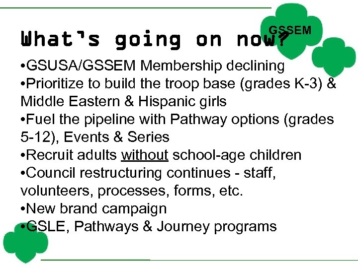 GSSEM What’s going on now? • GSUSA/GSSEM Membership declining • Prioritize to build the