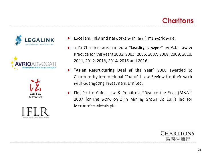 Charltons Excellent links and networks with law firms worldwide. Julia Charlton was named a