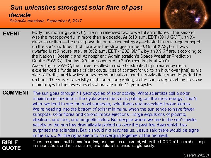 Sun unleashes strongest solar flare of past decade Scientific American, September 6, 2017 EVENT