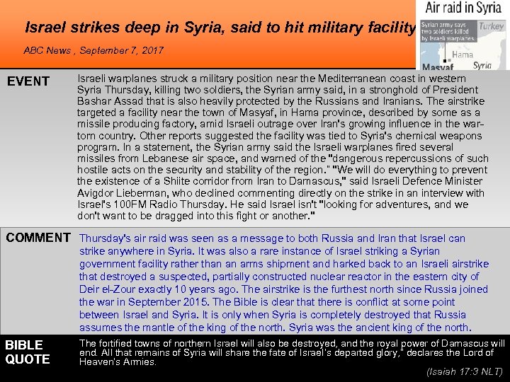 Israel strikes deep in Syria, said to hit military facility ABC News , September