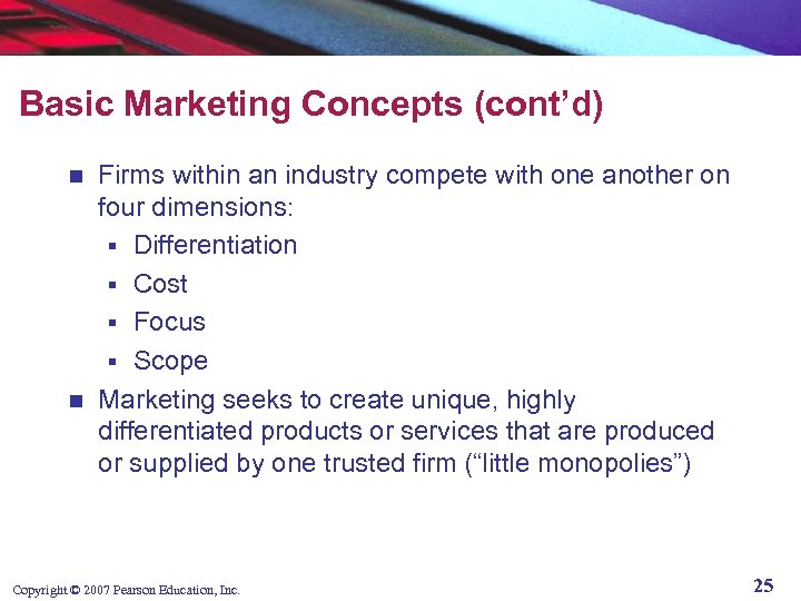 Basic Marketing Concepts (cont’d) Firms within an industry compete with one another on four