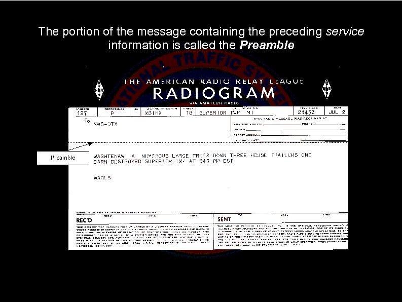 The portion of the message containing the preceding service information is called the Preamble