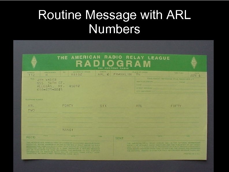 Routine Message with ARL Numbers 