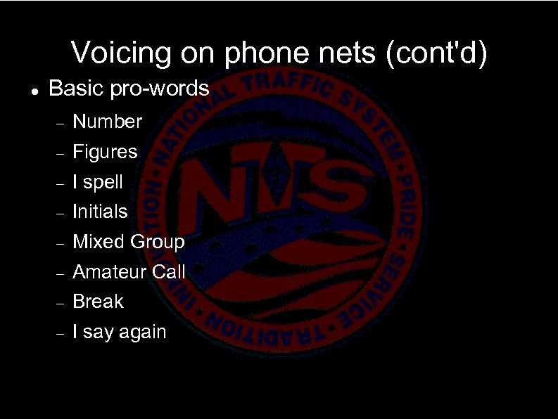 Voicing on phone nets (cont'd) Basic pro-words Number Figures I spell Initials Mixed Group