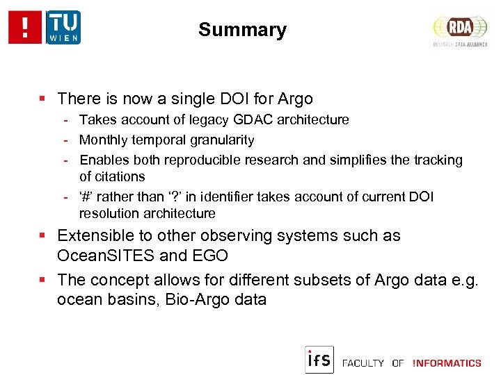 Summary There is now a single DOI for Argo - Takes account of legacy