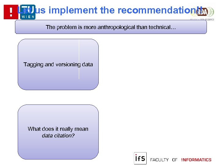 Let us implement the recommendation!! The problem is more anthropological than technical… Tagging and