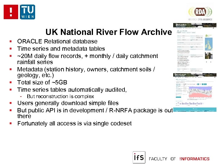 UK National River Flow Archive ORACLE Relational database Time series and metadata tables ~20