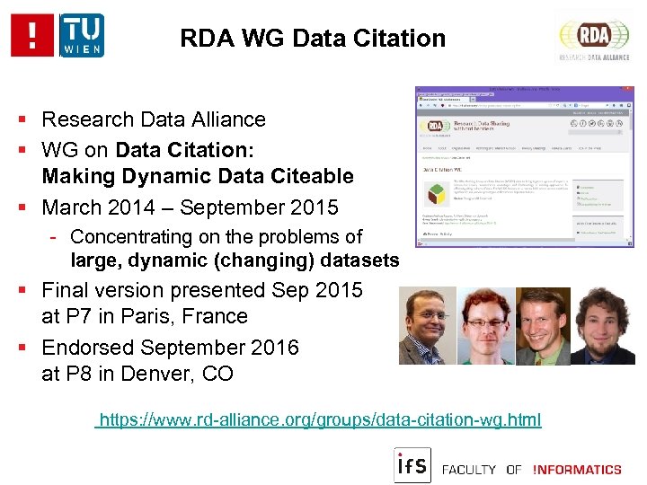 RDA WG Data Citation Research Data Alliance WG on Data Citation: Making Dynamic Data