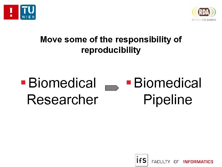 Move some of the responsibility of reproducibility Biomedical Researcher Biomedical Pipeline 