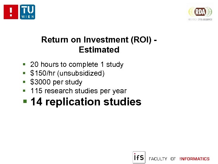 Return on Investment (ROI) Estimated 20 hours to complete 1 study $150/hr (unsubsidized) $3000