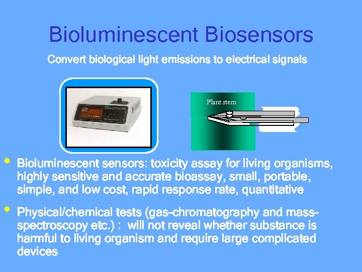 Bioluminescent Biosensors Convert biological light emissions to electrical signals Plant stem • • Bioluminescent
