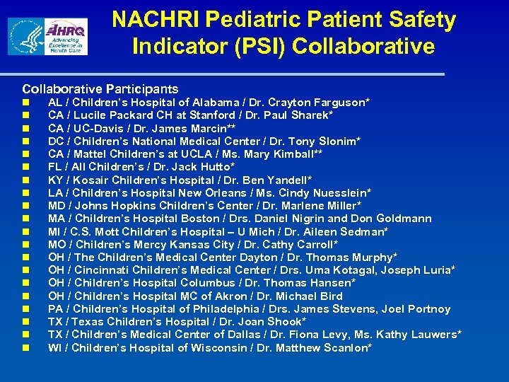 NACHRI Pediatric Patient Safety Indicator (PSI) Collaborative Participants n n n n n AL