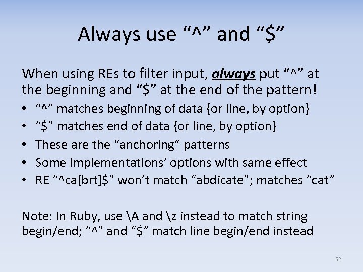 Always use “^” and “$” When using REs to filter input, always put “^”