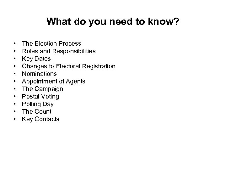 What do you need to know? • • • The Election Process Roles and