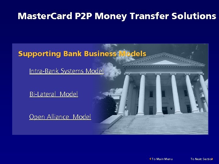 Master. Card P 2 P Money Transfer Solutions Supporting Bank Business Models Intra-Bank Systems