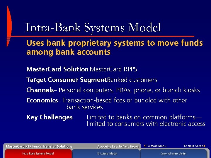Intra-Bank Systems Model Uses bank proprietary systems to move funds among bank accounts Master.