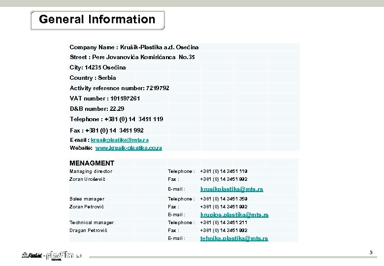General Information Company Name : Krušik-Plastika a. d. Osečina Street : Pere Jovanovića Komirićanca