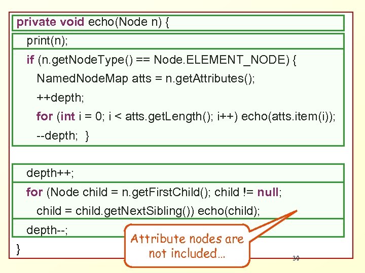 private void echo(Node n) { print(n); if (n. get. Node. Type() == Node. ELEMENT_NODE)