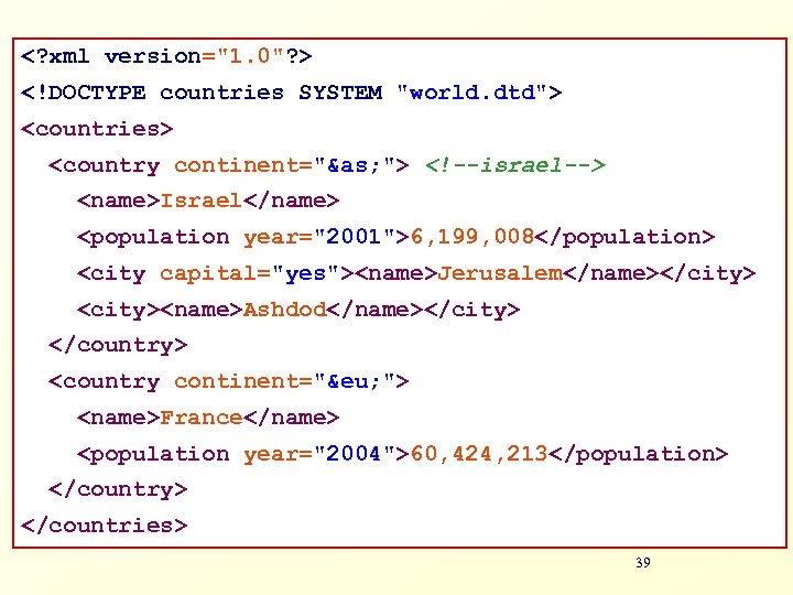 <? xml version="1. 0"? > <!DOCTYPE countries SYSTEM "world. dtd"> <countries> <country continent="&as; ">