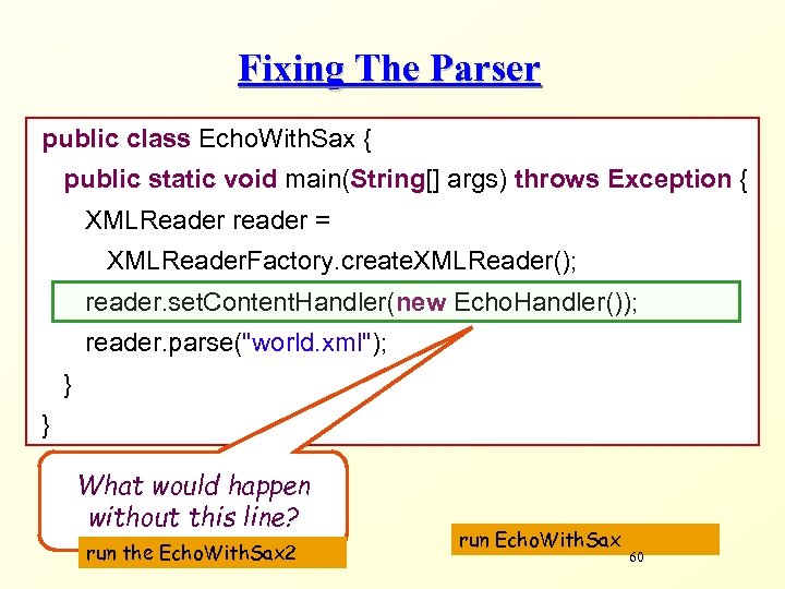 Fixing The Parser public class Echo. With. Sax { public static void main(String[] args)