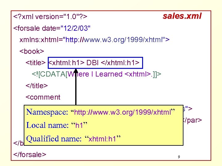 <? xml version="1. 0"? > sales. xml <forsale date="12/2/03" xmlns: xhtml="http: //www. w 3.