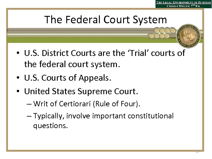 The Federal Court System • U. S. District Courts are the ‘Trial’ courts of