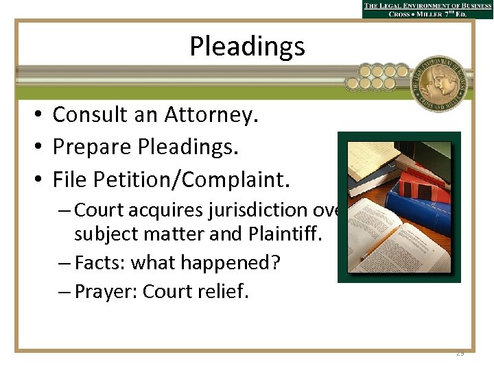 Pleadings • Consult an Attorney. • Prepare Pleadings. • File Petition/Complaint. – Court acquires